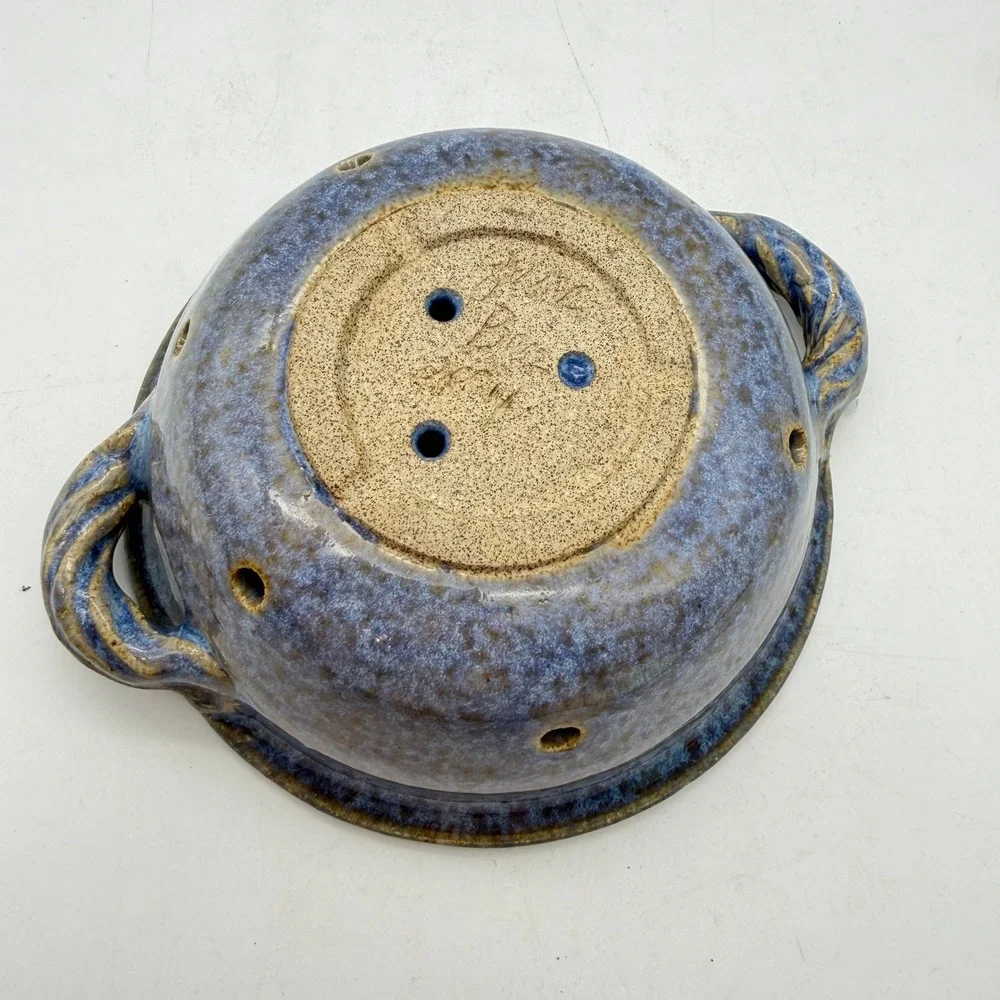 Studio Pottery Blue Stoneware Berry Bowl Colander Jane Berr 2004 Signed